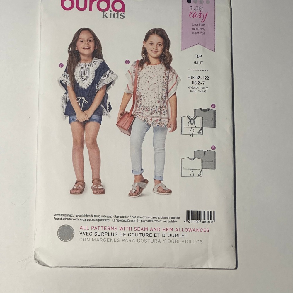 Burda UNCUT Kids Sewing Pattern 9340 Girls Top US Size 2-7 White Blue Pink Multi
